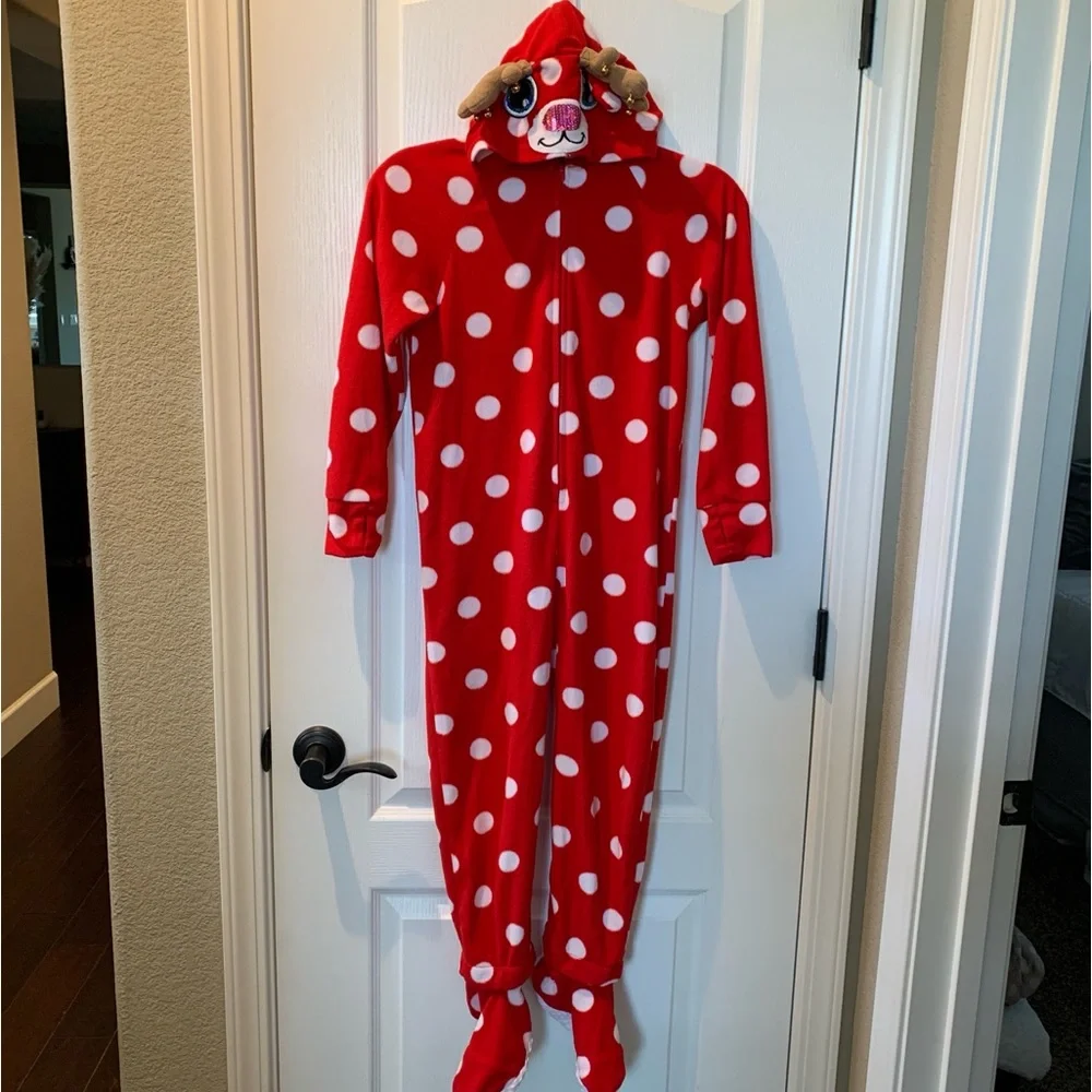 JUSTICE Girls Polka Dot Red Holiday Reindeer Hooded Zipper Bodysuit Footed P…